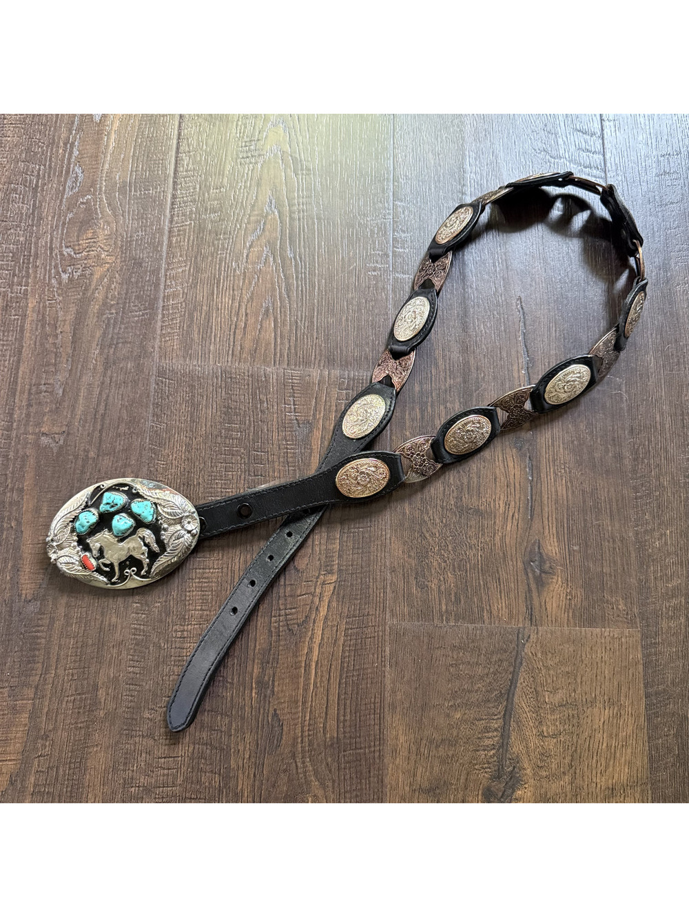 Vintage Black Leather Concho Western Belt Horse Turquoise Coral Buckle Size 32